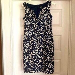 Flattering linen-blend navy and white knee length dress